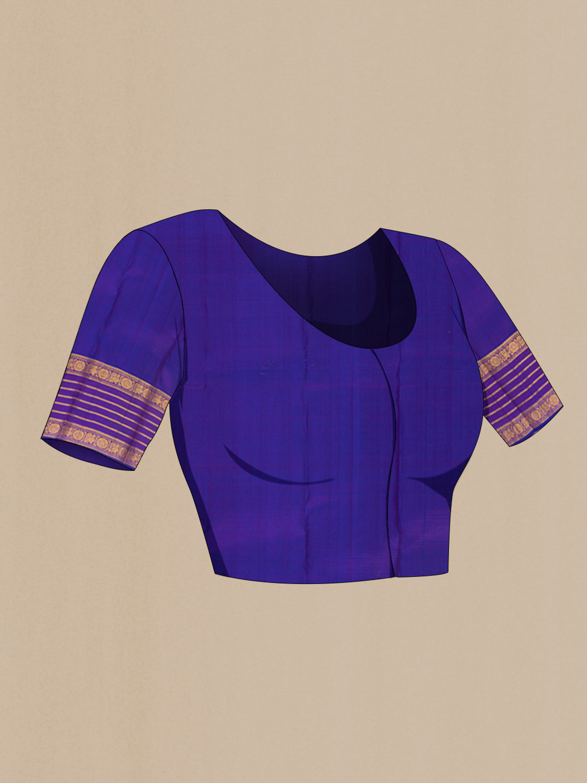 Close up image of the blouse of Pure Silk Magenta Kanchipuram Saree with Zari Butta on the body and Zari Border. 