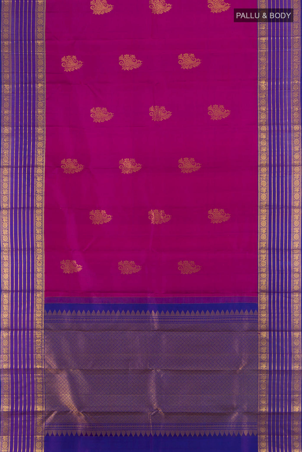 Flat view of Pure Silk Magenta Kanchipuram Saree with Zari Butta on the body and Zari Border. 