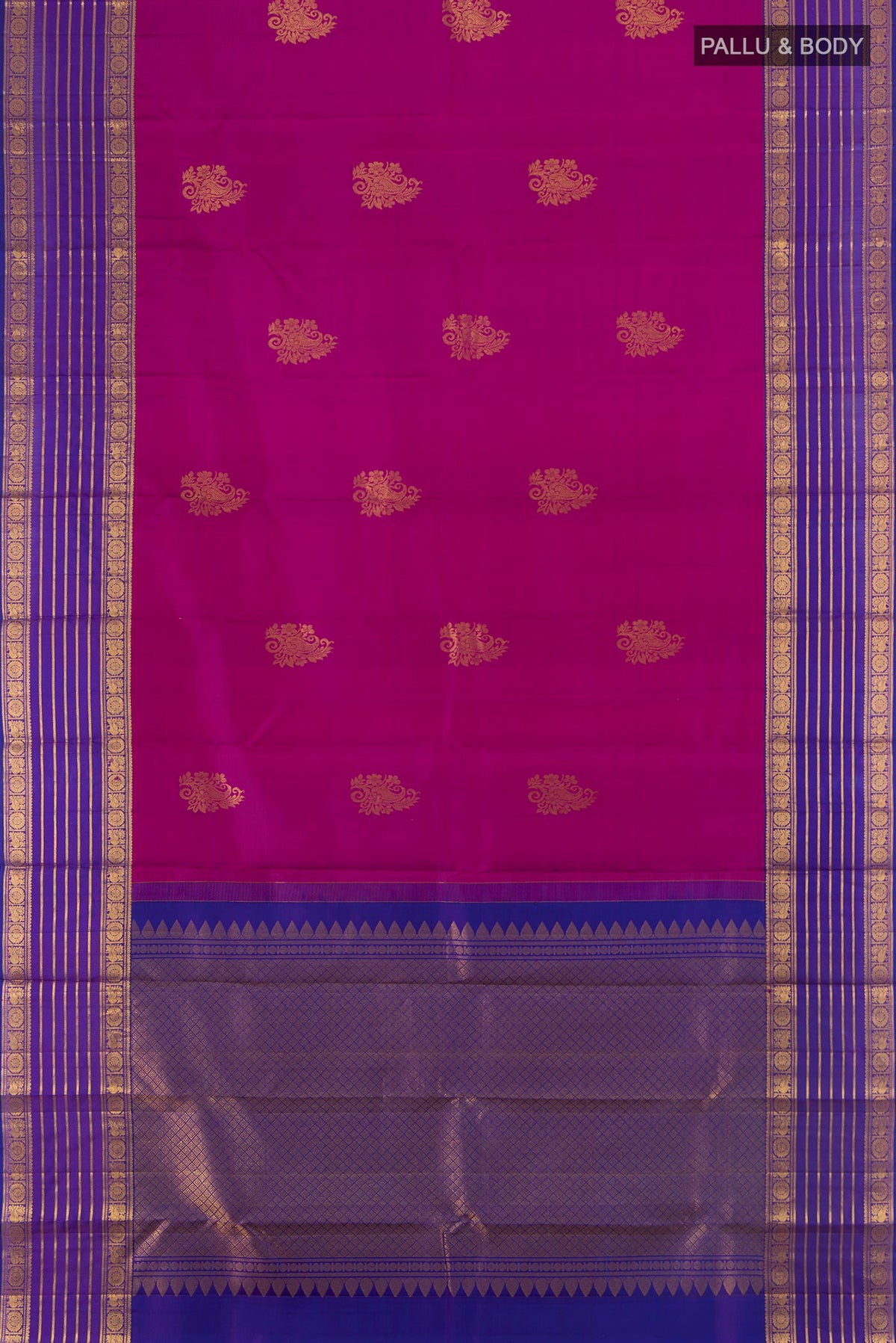 Flat view of Pure Silk Magenta Kanchipuram Saree with Zari Butta on the body and Zari Border. 