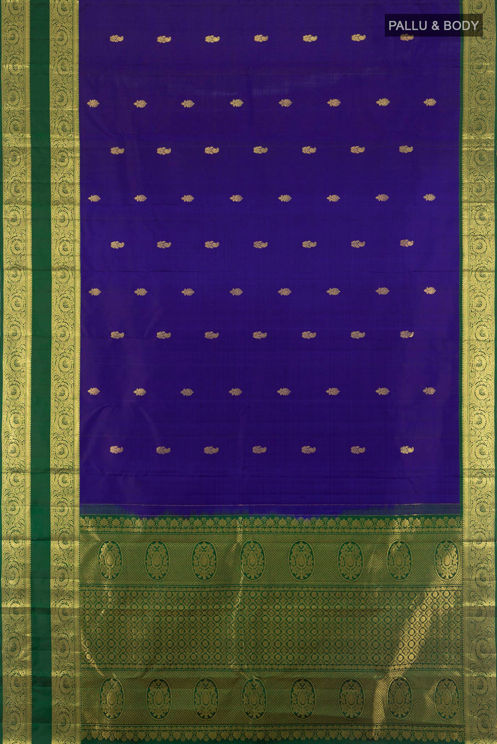 Flat view of Pure Silk Dark Blue Kanchipuram Saree with Zari Butta on the body and Zari Border. 