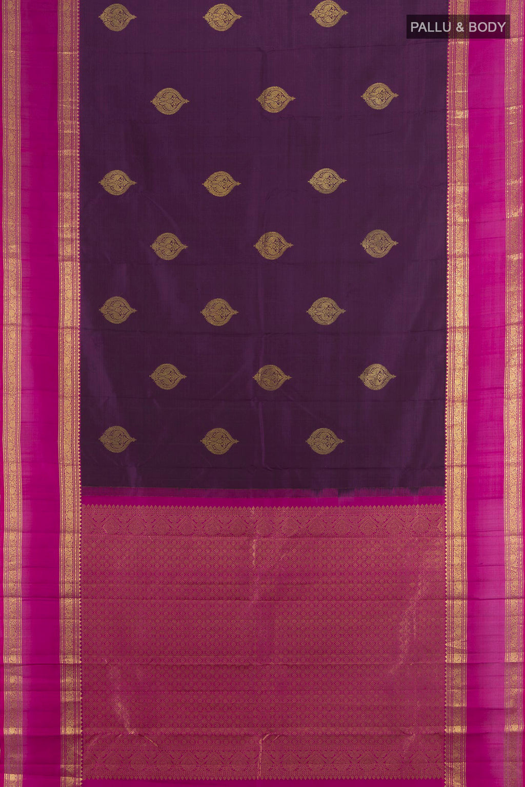 Flat view of Pure Silk Violet Kanchipuram Saree with Zari Butta on the body and Silk Border. 