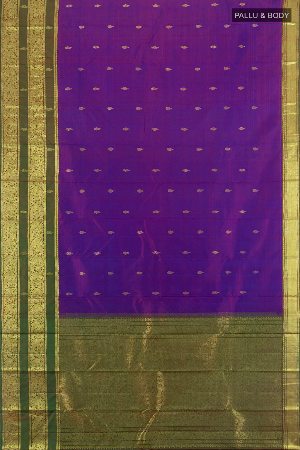 Flat view of Pure Silk Purple Kanchipuram Saree with Zari Butta on the body and Zari Border. 