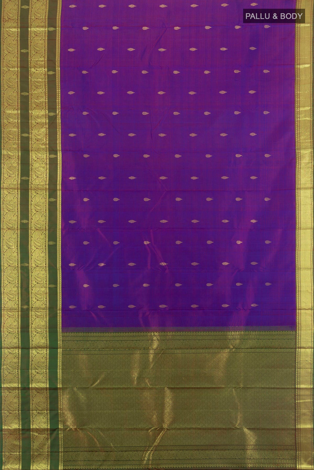 Flat view of Pure Silk Purple Kanchipuram Saree with Zari Butta on the body and Zari Border. 