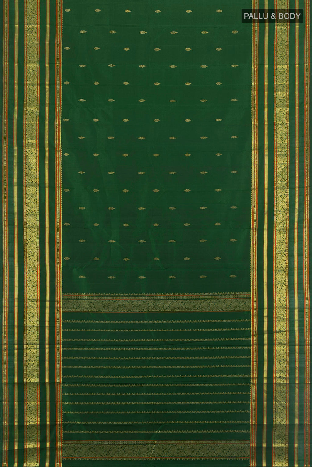 Flat view of Pure Silk Green Kanchipuram Saree with Zari Butta on the body and Zari Border. 