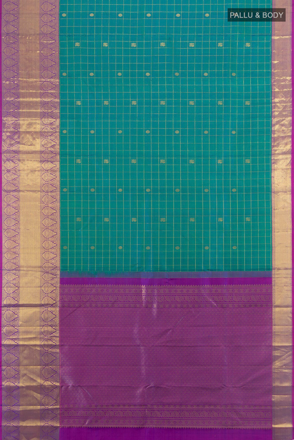 Flat view of Pure Silk Peacock Blue Dual Tone Kanjivaram Saree with Checked design on the body and Zari Border. 