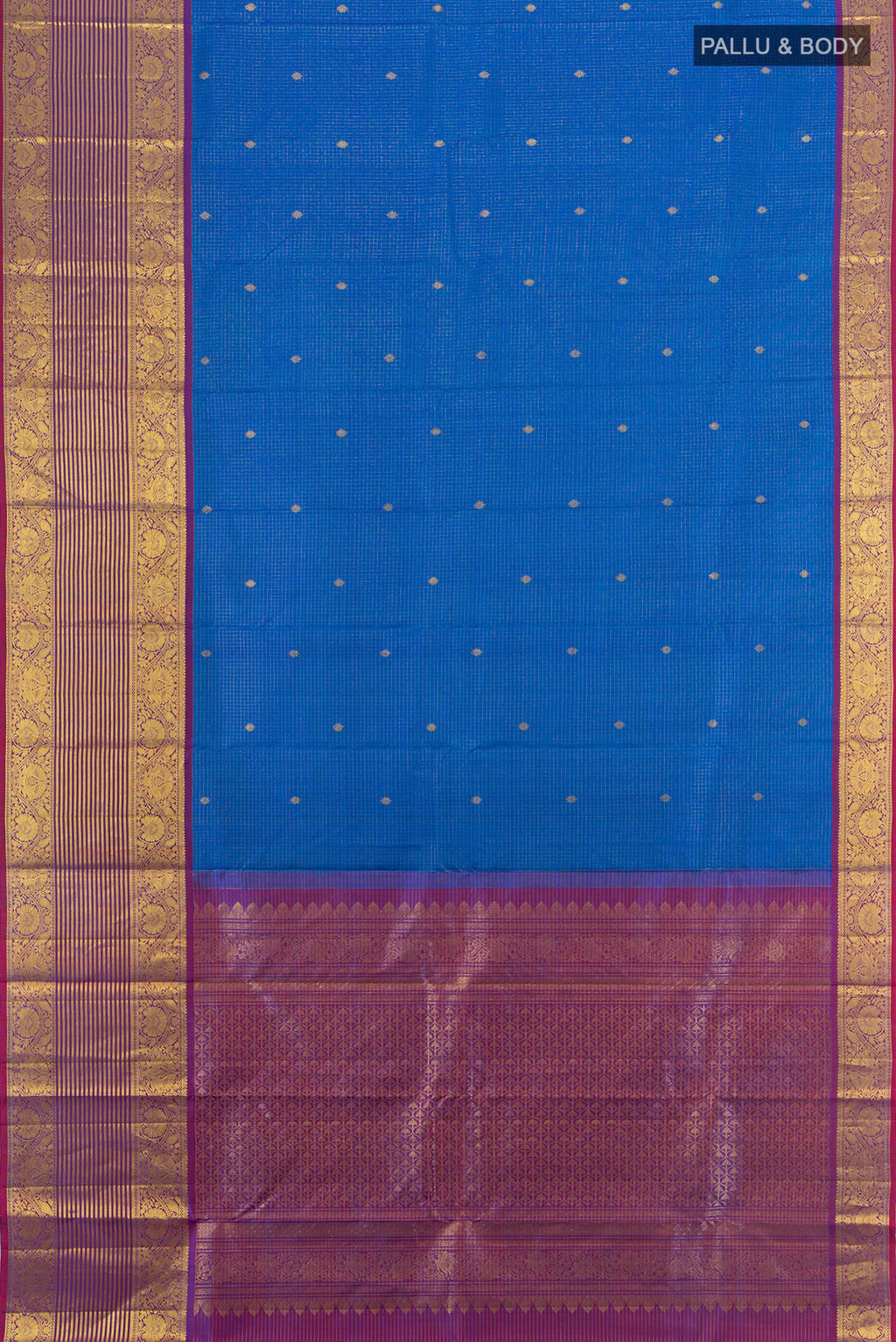 Flat view of Pure Silk Royal Blue Kanjivaram Saree with Zari Butta on the body and Zari Border. 