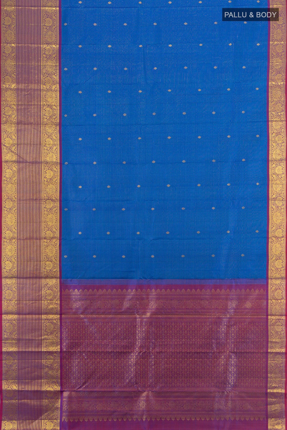 Flat view of Pure Silk Royal Blue Kanjivaram Saree with Zari Butta on the body and Zari Border. 