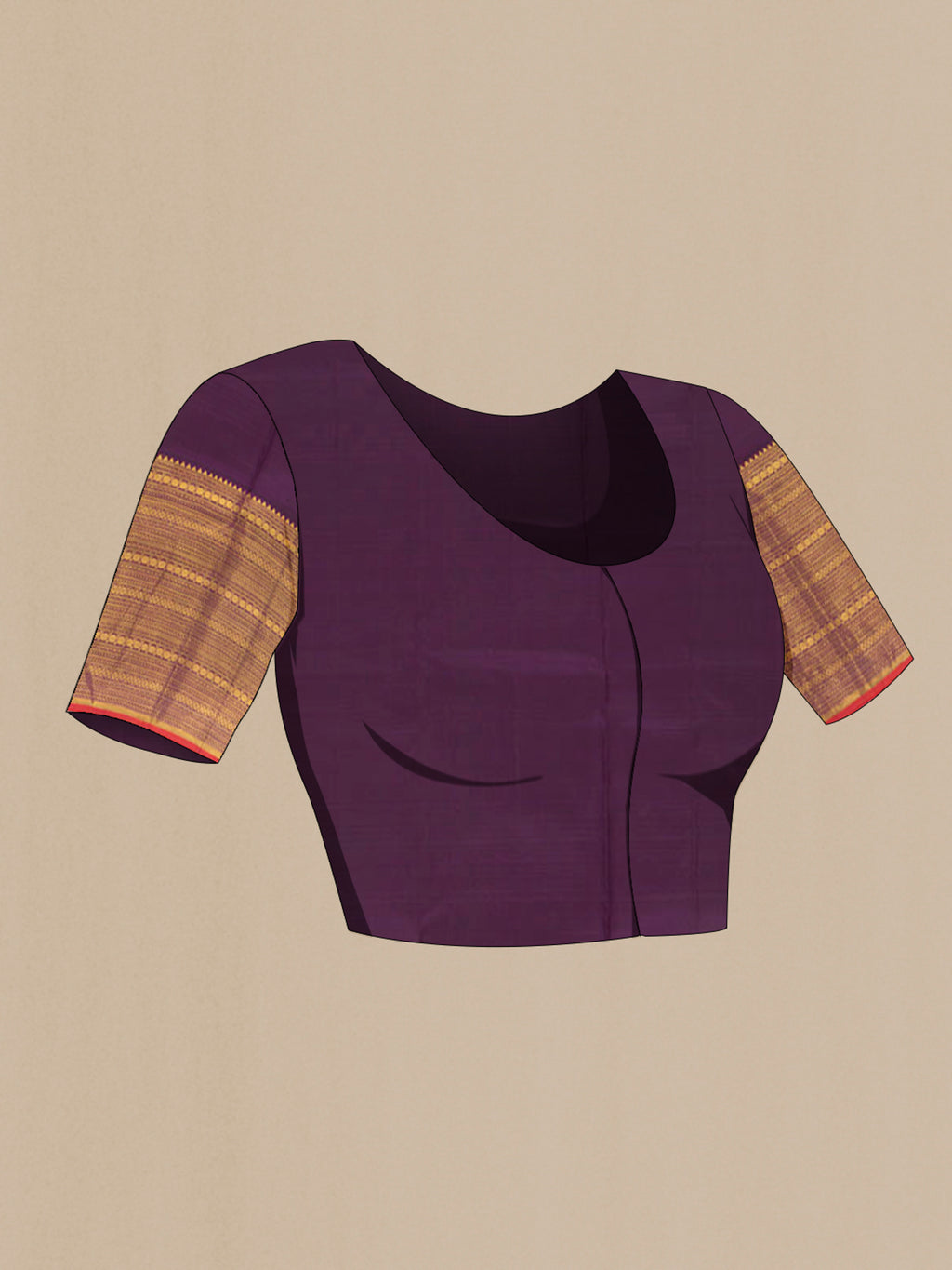 Close up image of the blouse of Pure Silk Purple Kanjivaram Saree with Checked design on the body and Zari Border. 