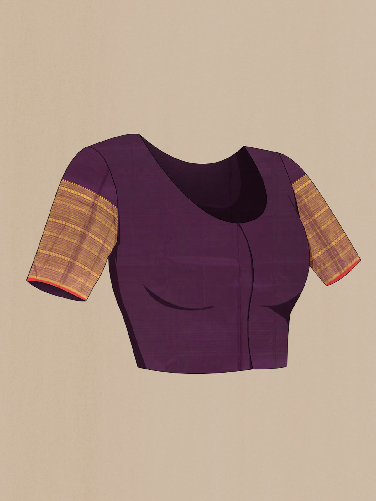 Close up image of the blouse of Pure Silk Purple Kanjivaram Saree with Checked design on the body and Zari Border. 