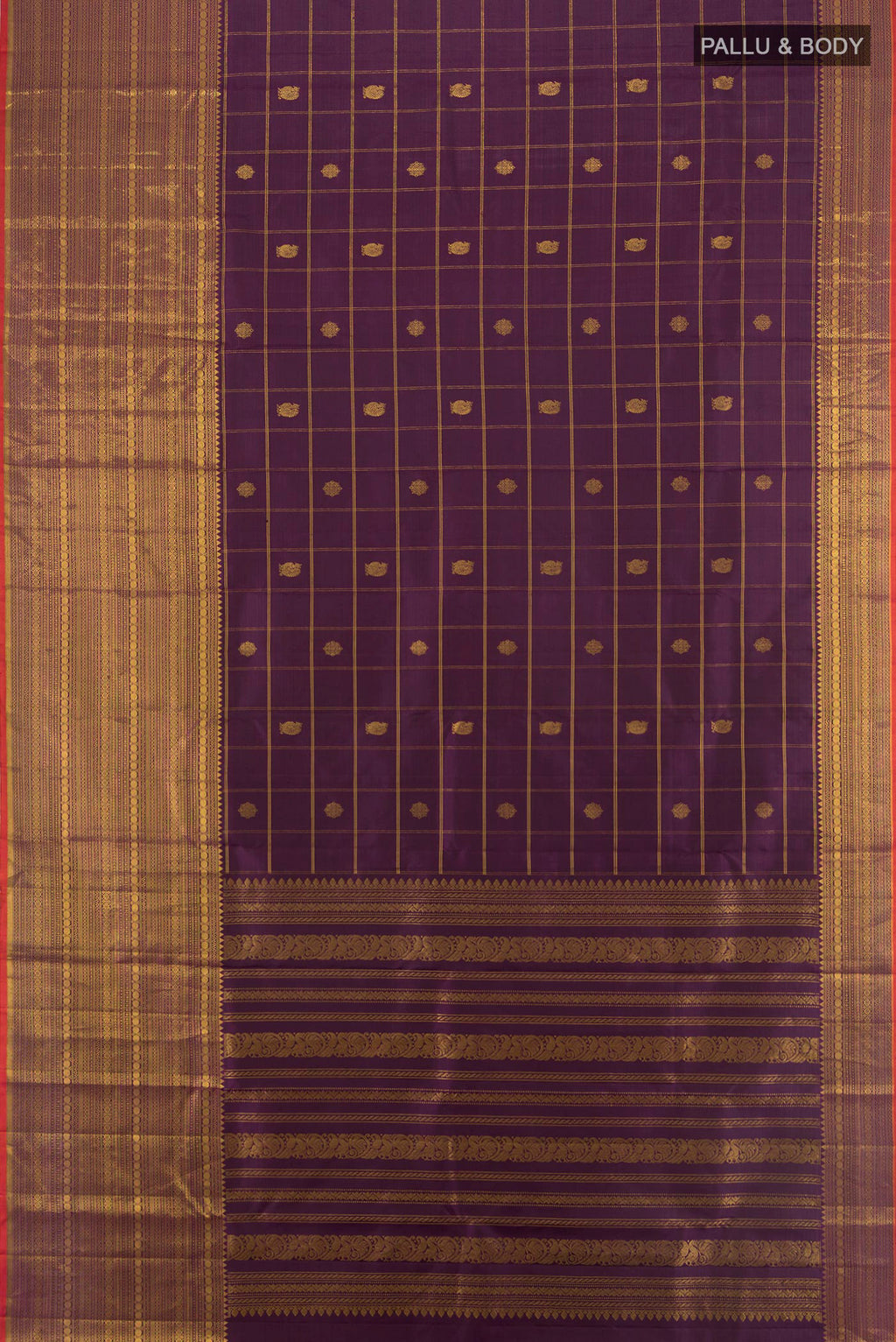 Flat view of Pure Silk Purple Kanjivaram Saree with Checked design on the body and Zari Border. 
