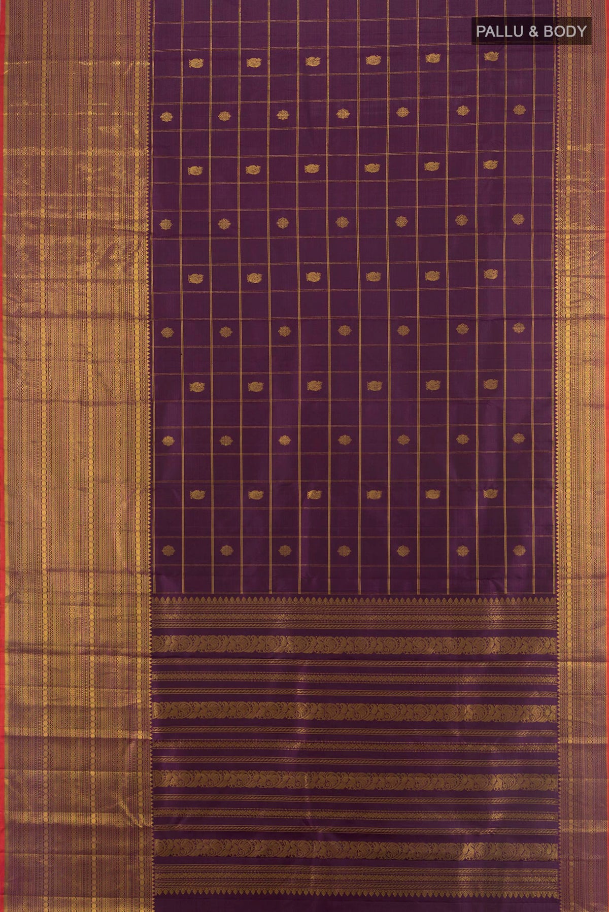 Flat view of Pure Silk Purple Kanjivaram Saree with Checked design on the body and Zari Border. 