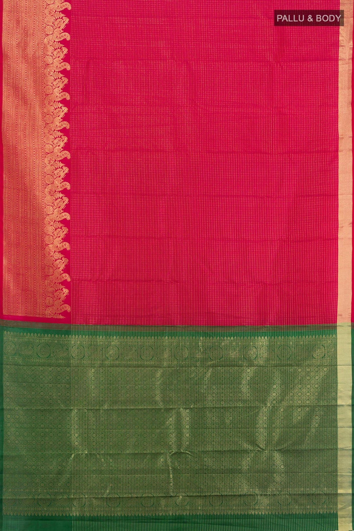 Flat view of Pure Silk Maroon Kanjivaram Saree with Checked design on the body and Fancy Border. 