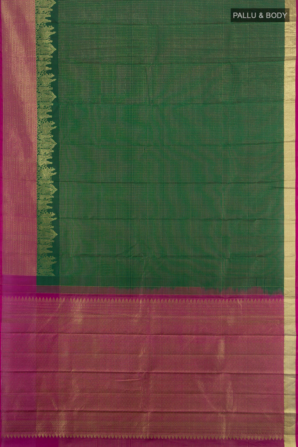 Flat view of Pure Silk Green Kanjivaram Saree with Checked design on the body and Fancy Border. 