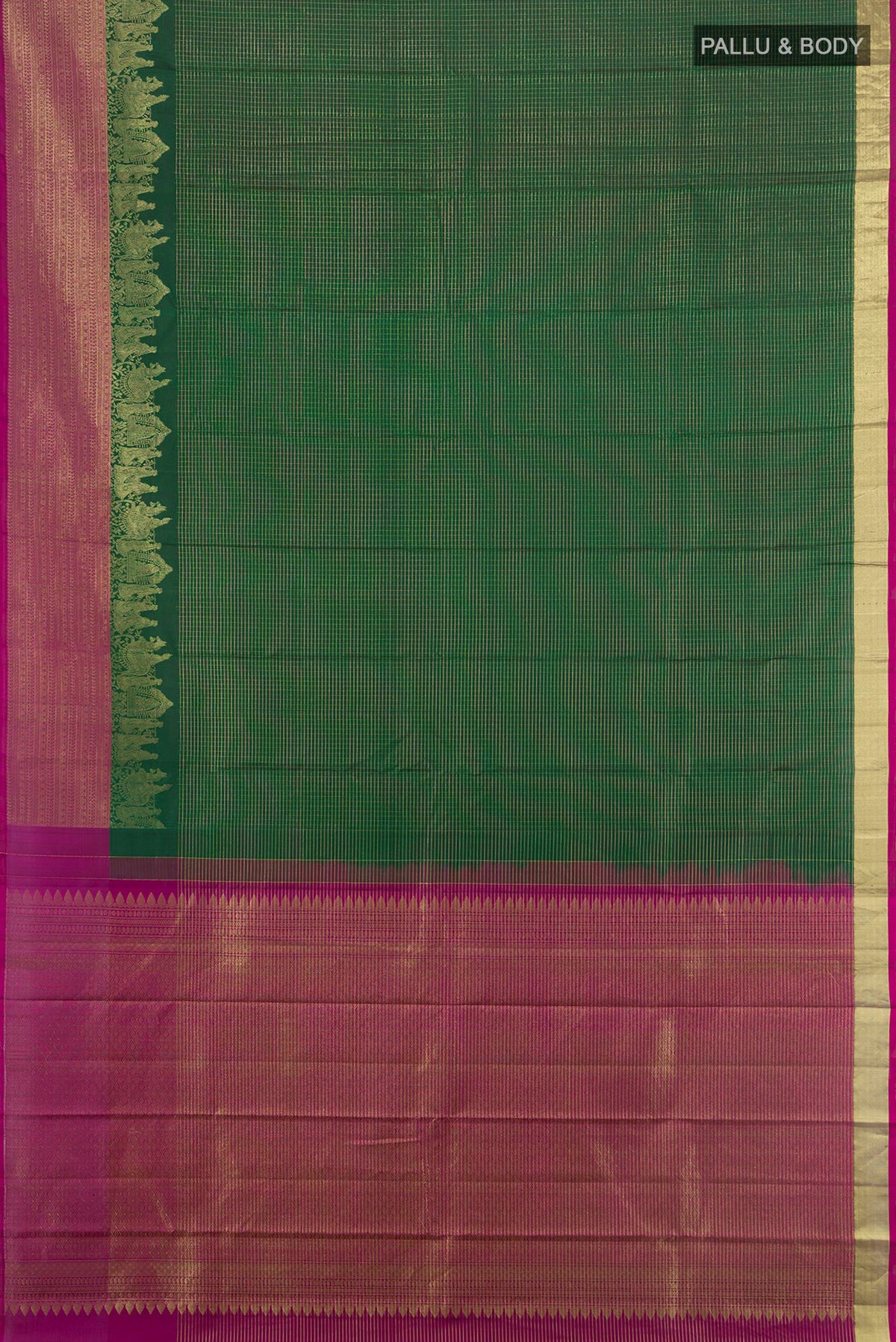 Flat view of Pure Silk Green Kanjivaram Saree with Checked design on the body and Fancy Border. 