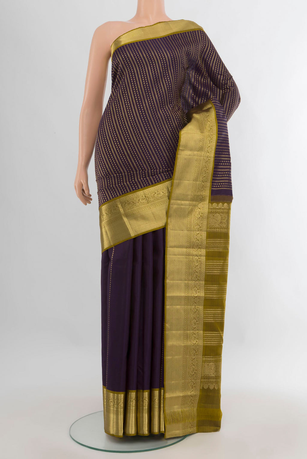 Pure Silk Violet Kanjivaram Saree with Stripes on the body and Zari Border.  displayed on a mannequin