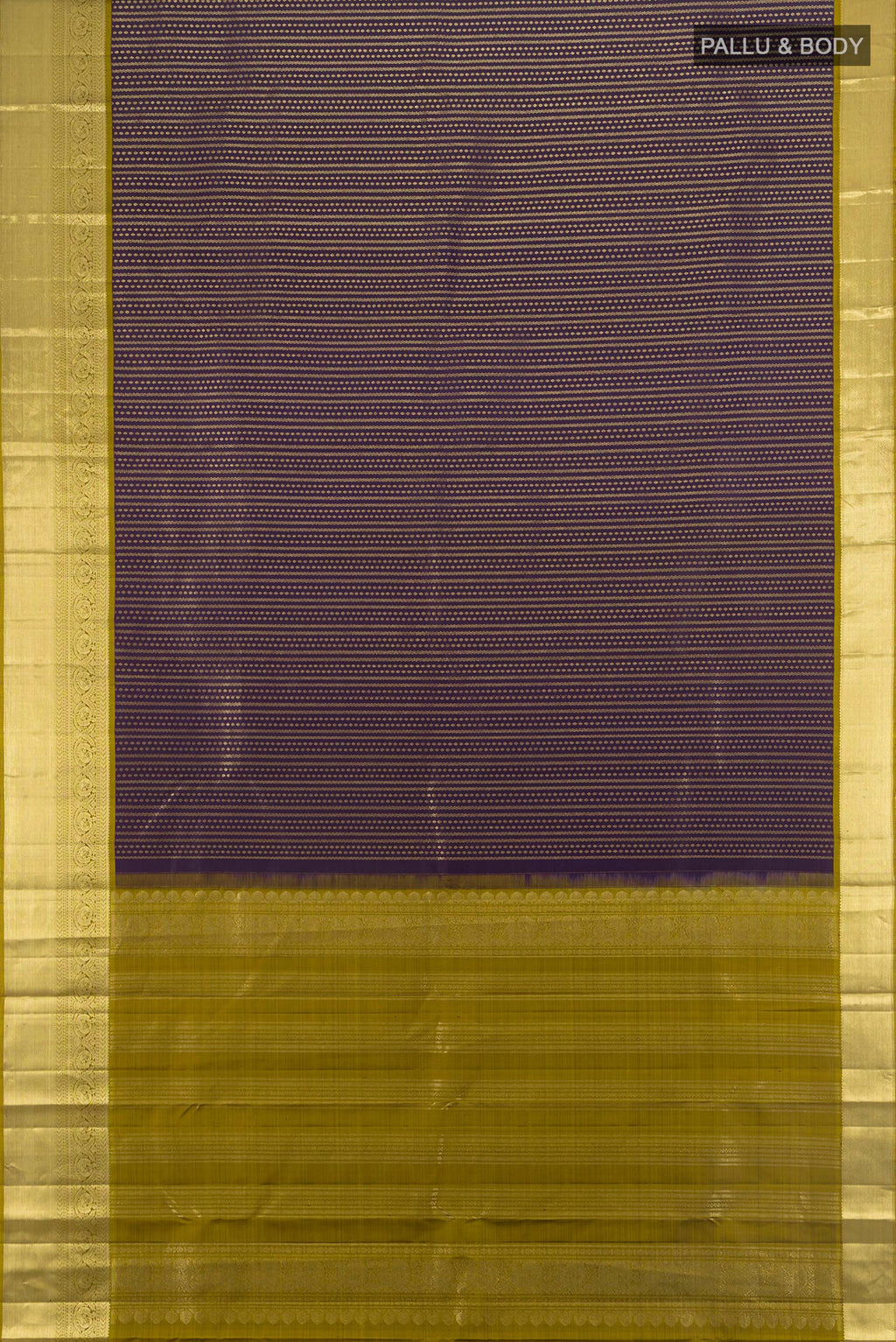Flat view of Pure Silk Violet Kanjivaram Saree with Stripes on the body and Zari Border. 