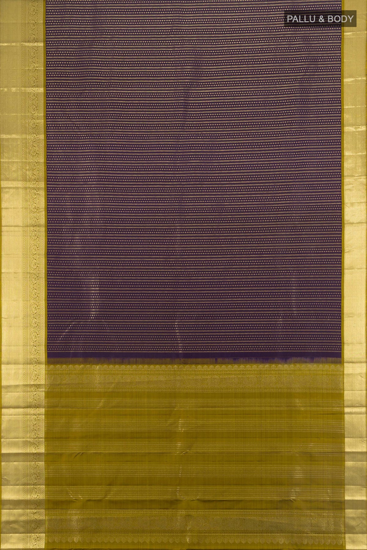 Flat view of Pure Silk Violet Kanjivaram Saree with Stripes on the body and Zari Border. 