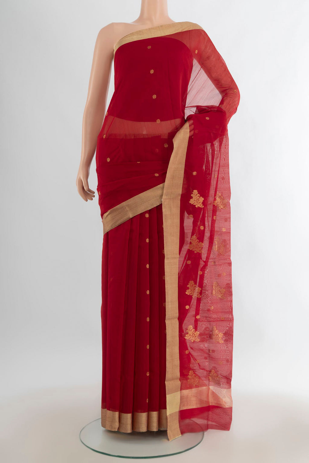 Red Chanderi Cotton Saree with Zari Butta on the body and Zari Border.  displayed on a mannequin
