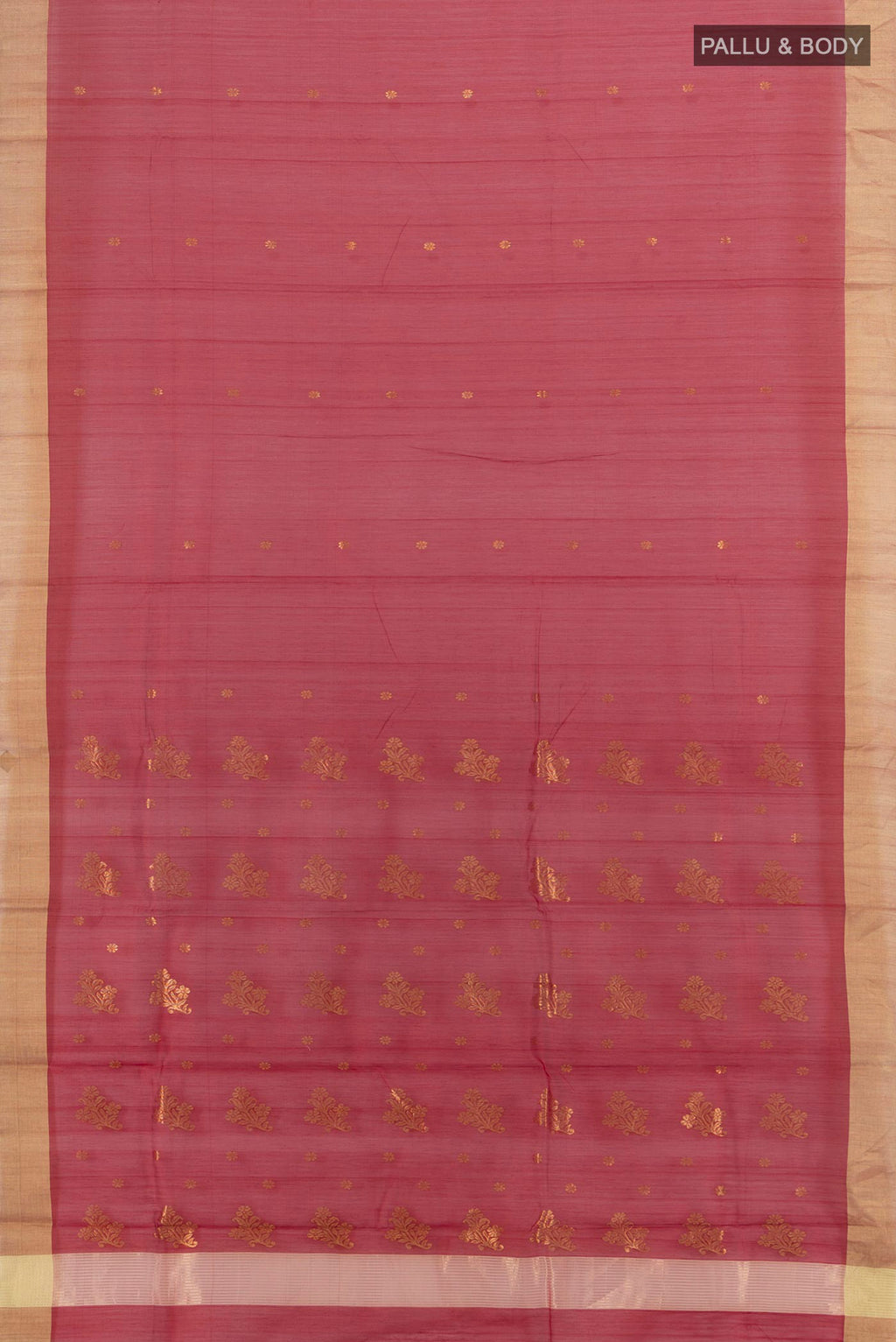 Flat view of Red Chanderi Cotton Saree with Zari Butta on the body and Zari Border. 