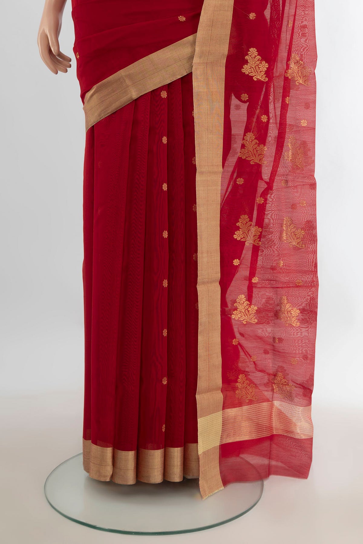 Pleats and pallu of Red Chanderi Cotton Saree with Zari Butta on the body and Zari Border. 