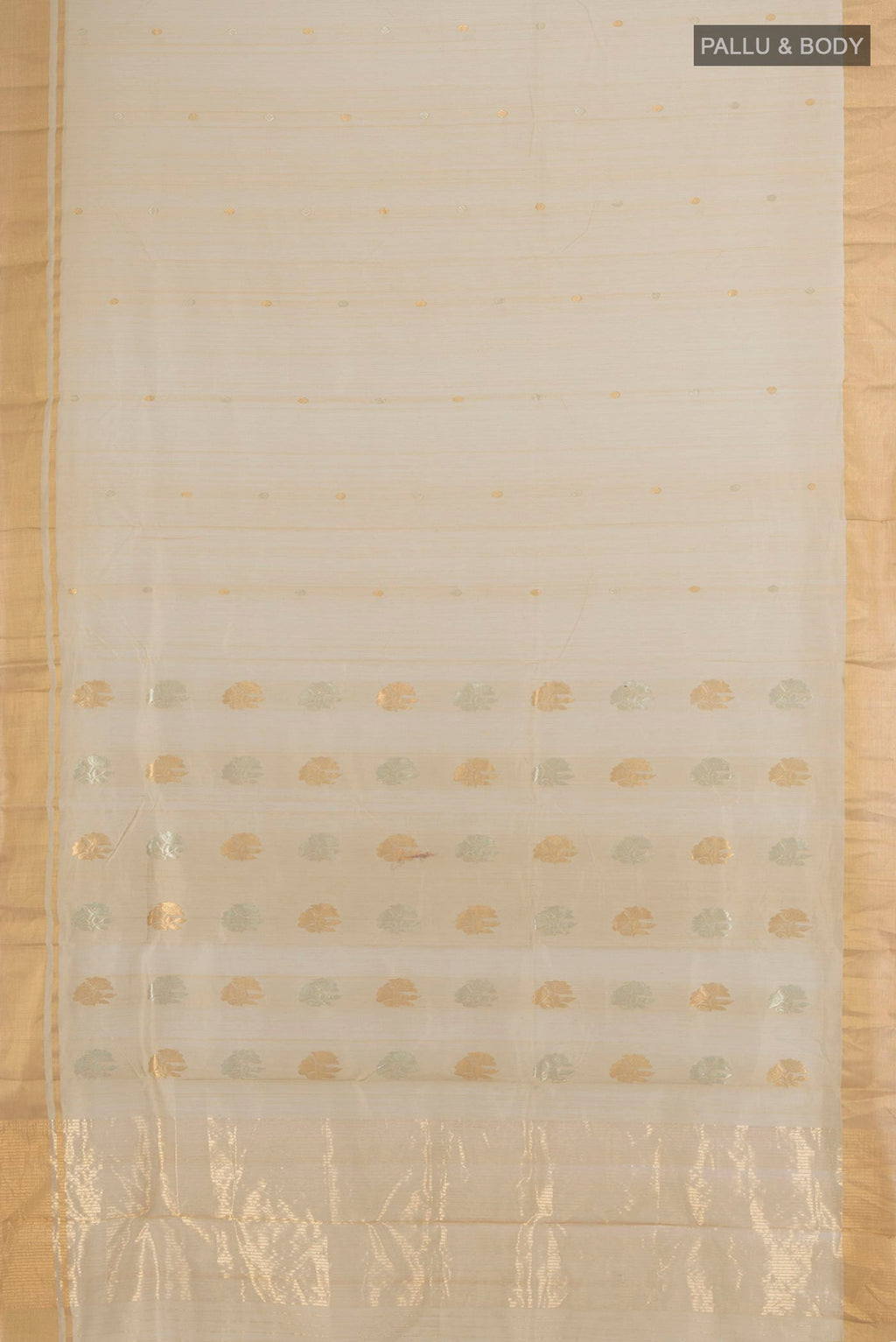 Flat view of Sandal Chanderi Cotton Saree with Zari Butta on the body and Silk Border. 