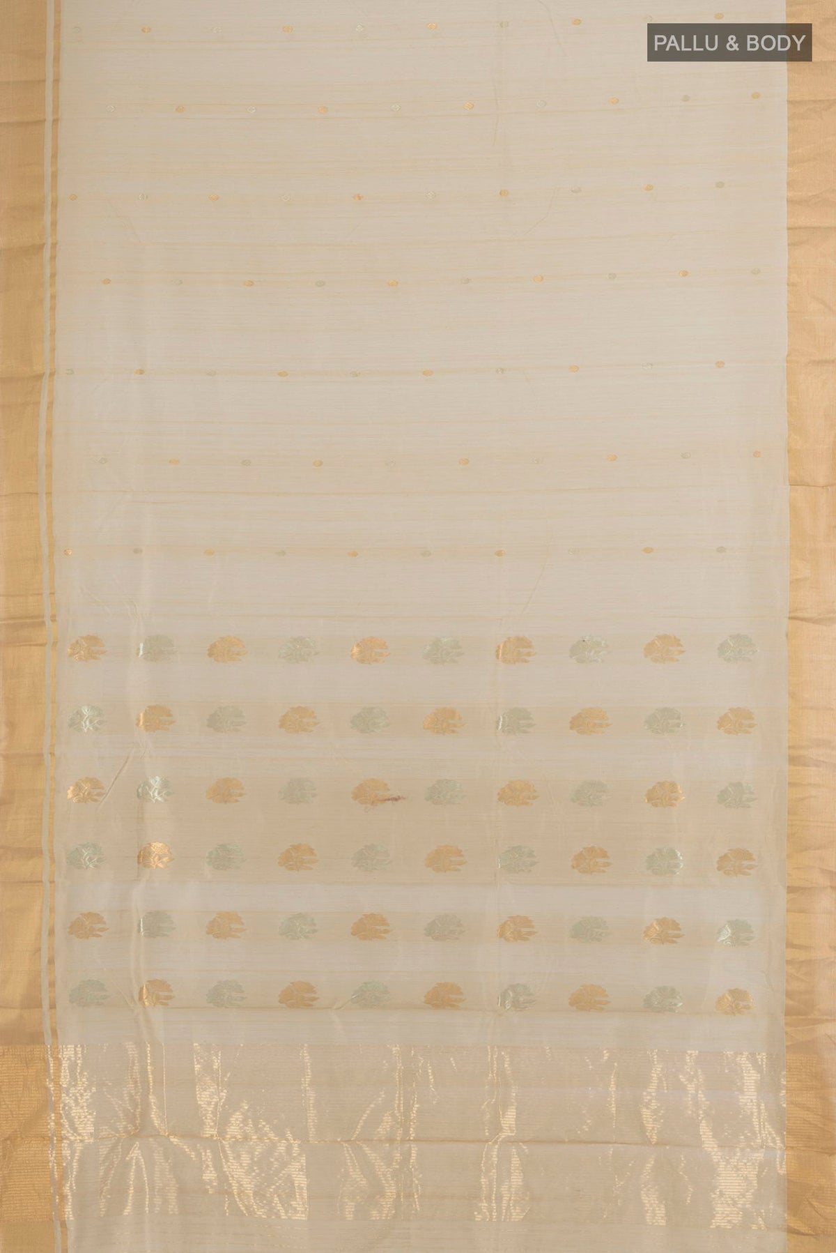 Flat view of Sandal Chanderi Cotton Saree with Zari Butta on the body and Silk Border. 