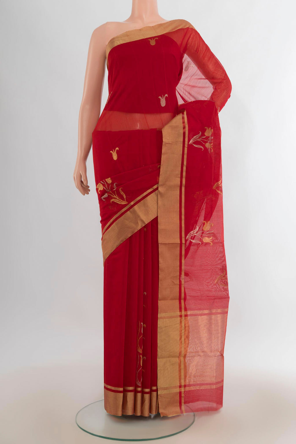 Red Chanderi Cotton Saree with Zari Butta on the body and Zari Border.  displayed on a mannequin