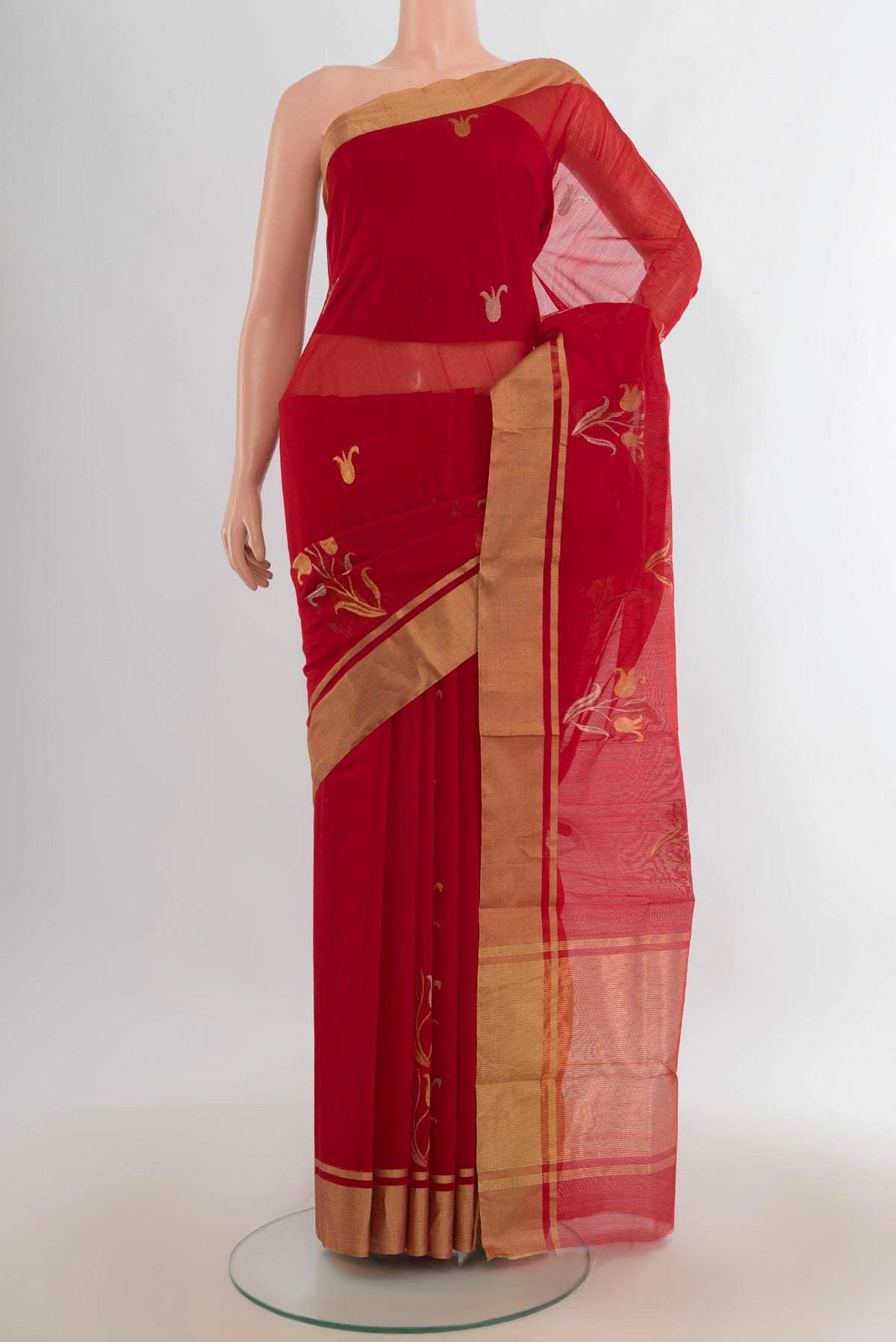 Red Chanderi Cotton Saree with Zari Butta on the body and Zari Border.  displayed on a mannequin