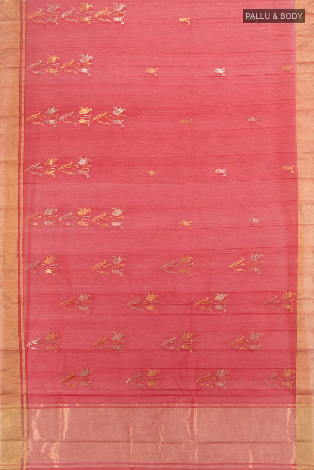 Flat view of Red Chanderi Cotton Saree with Zari Butta on the body and Zari Border. 