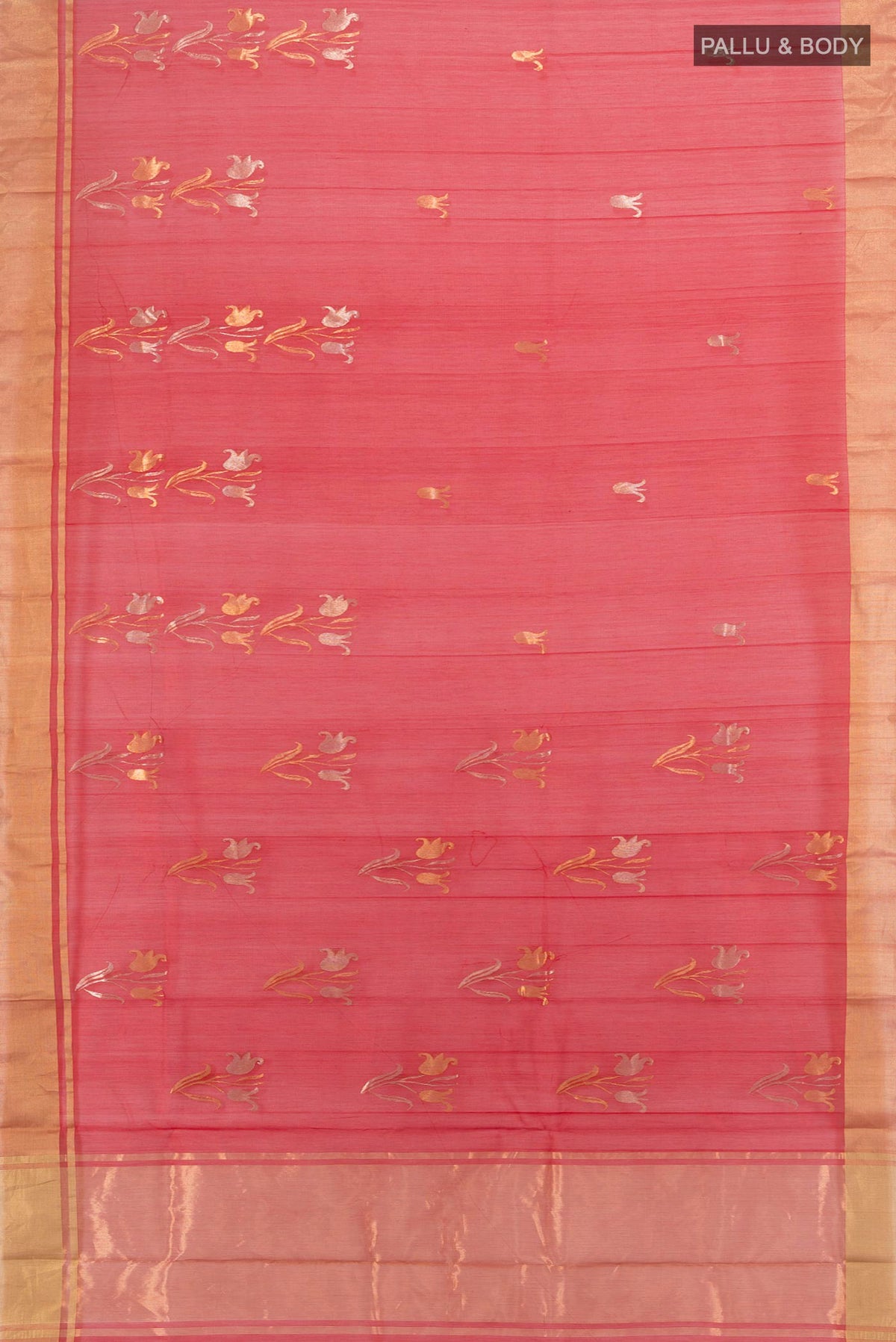 Flat view of Red Chanderi Cotton Saree with Zari Butta on the body and Zari Border. 