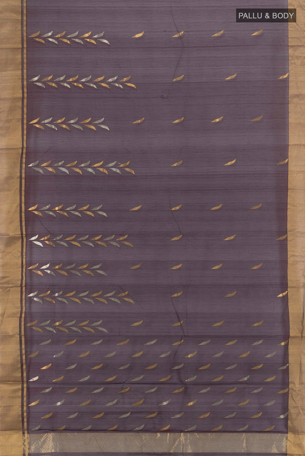 Flat view of Coffee Brown Chanderi Cotton Saree with Zari Butta on the body and Zari Border. 
