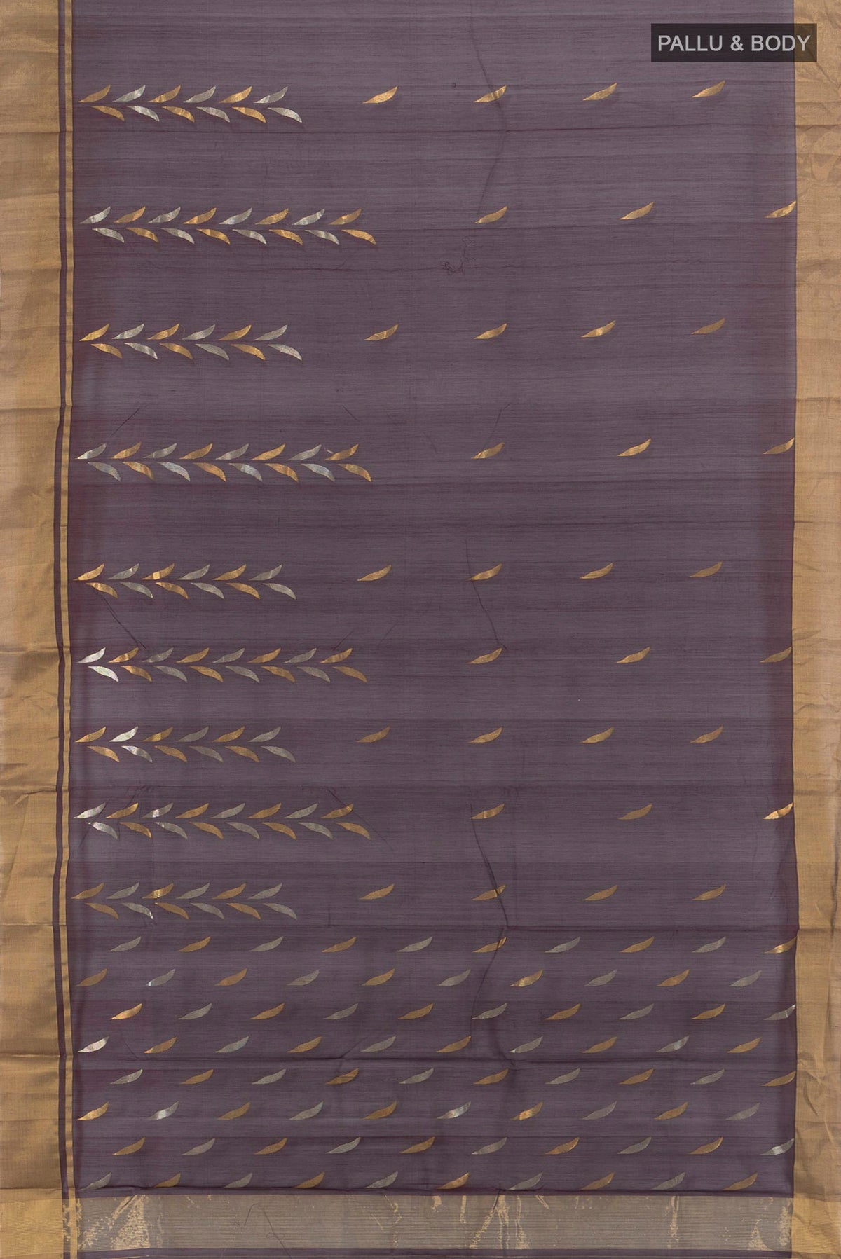 Flat view of Coffee Brown Chanderi Cotton Saree with Zari Butta on the body and Zari Border. 