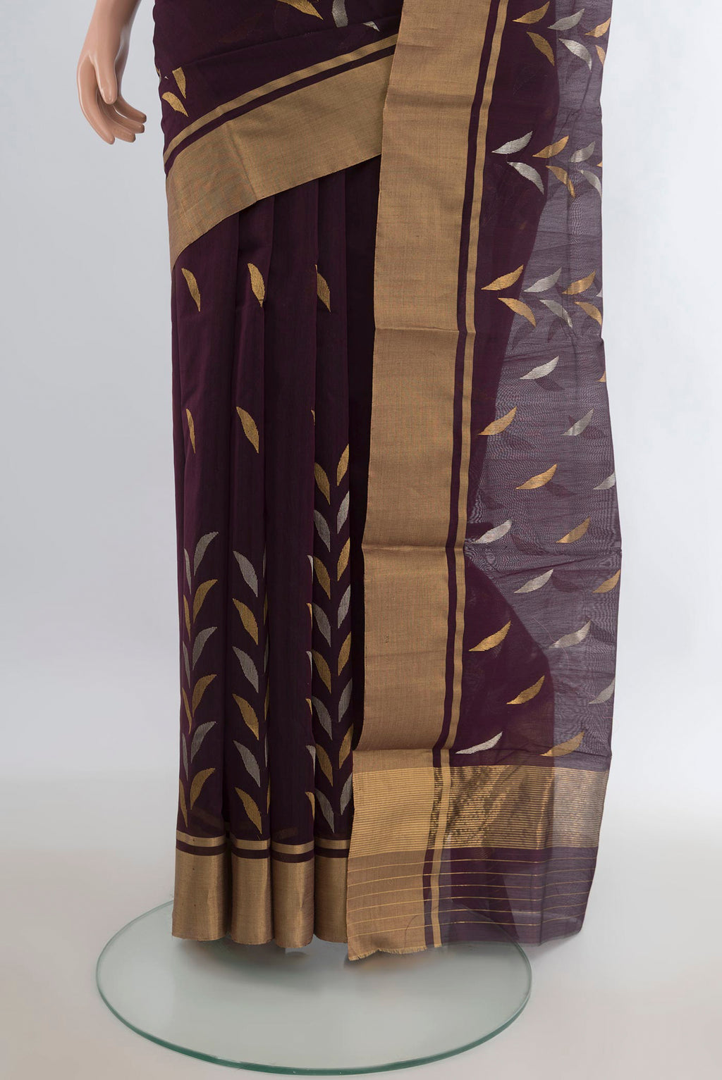 Pleats and pallu of Coffee Brown Chanderi Cotton Saree with Zari Butta on the body and Zari Border. 