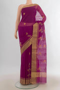 Magenta Chanderi Cotton Saree with Zari Butta on the body and Zari Border.  displayed on a mannequin