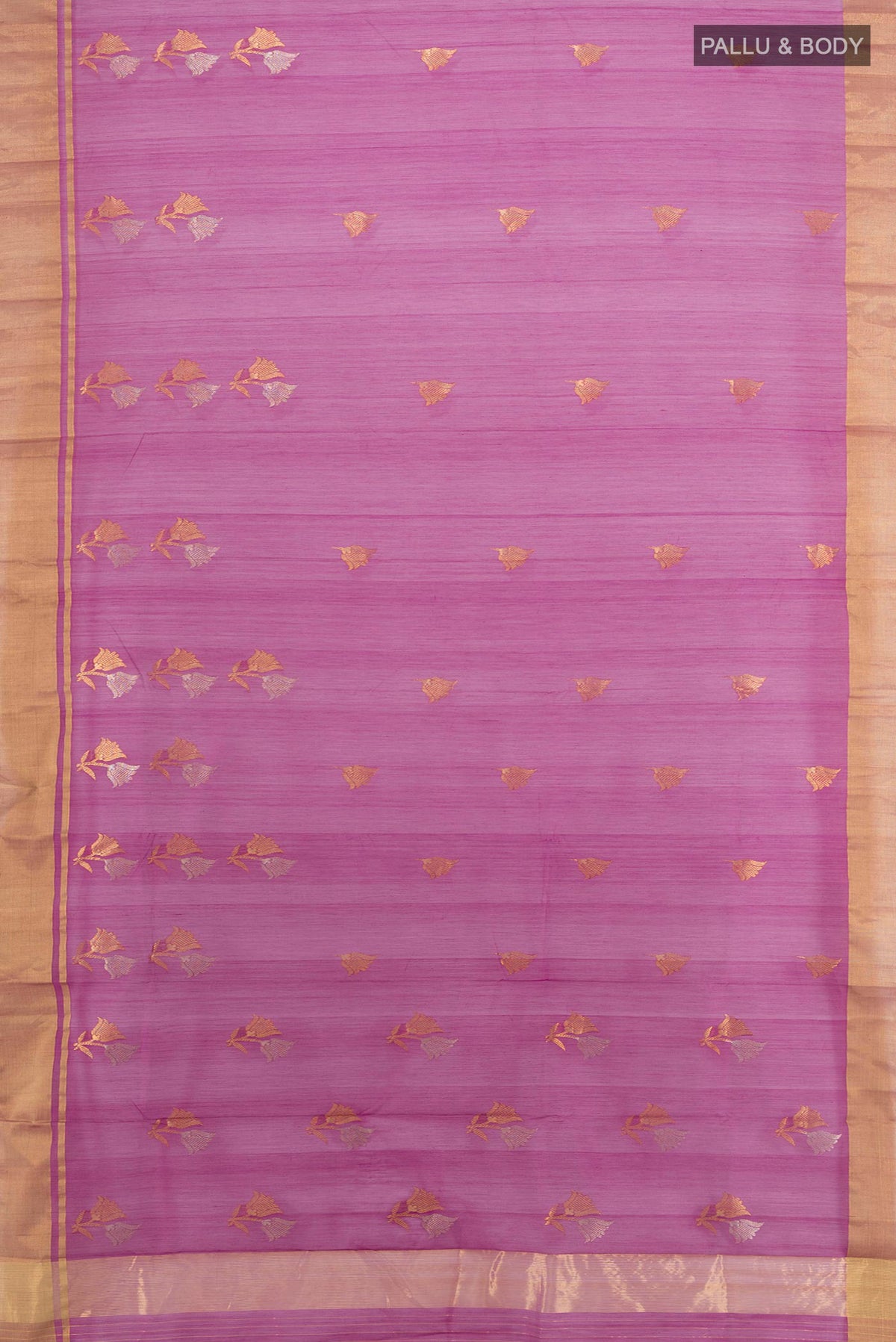 Flat view of Magenta Chanderi Cotton Saree with Zari Butta on the body and Zari Border. 