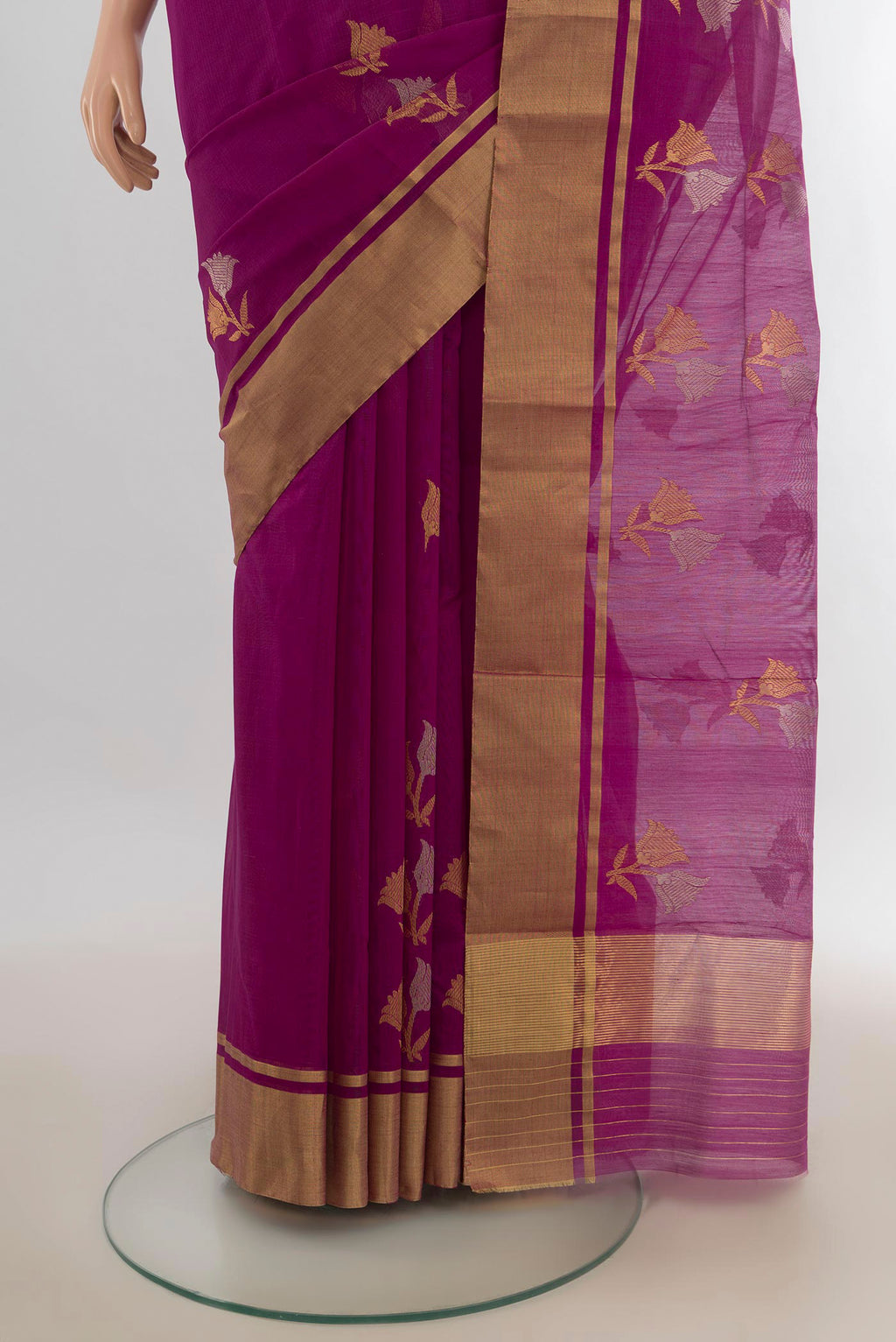 Pleats and pallu of Magenta Chanderi Cotton Saree with Zari Butta on the body and Zari Border. 