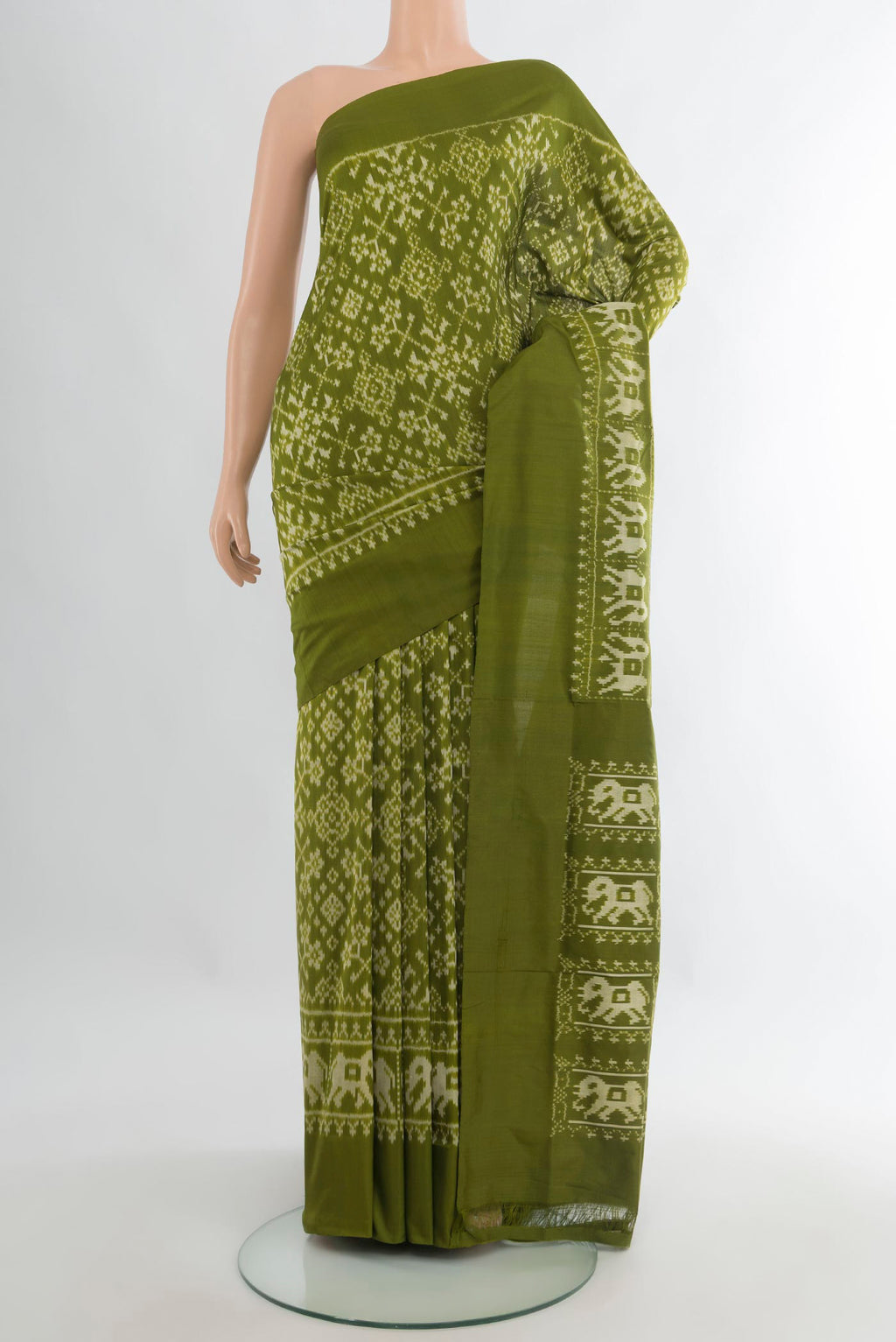 Pure Silk Sea Green Pochampally Saree with Ikat Print on the body and Silk Border.  displayed on a mannequin