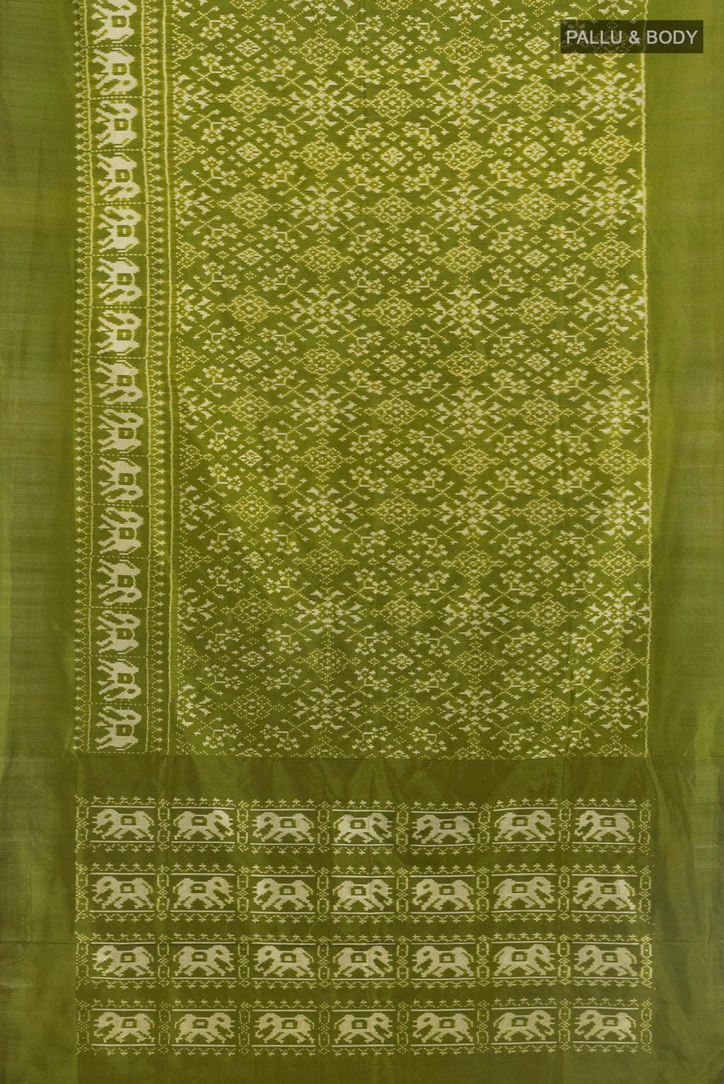 Flat view of Pure Silk Sea Green Pochampally Saree with Ikat Print on the body and Silk Border. 