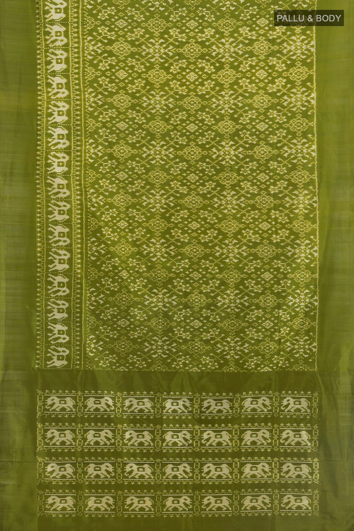 Flat view of Pure Silk Sea Green Pochampally Saree with Ikat Print on the body and Silk Border. 
