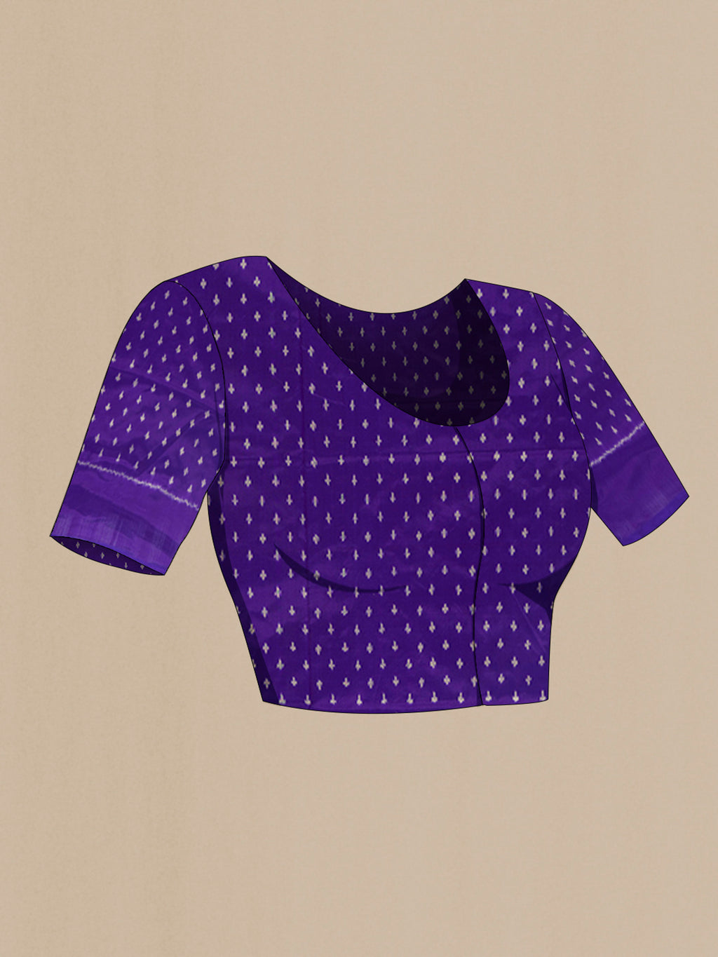 Close up image of the blouse of Pure Silk Violet Pochampally Saree with Pure Ikat on the body and Plain Border. 