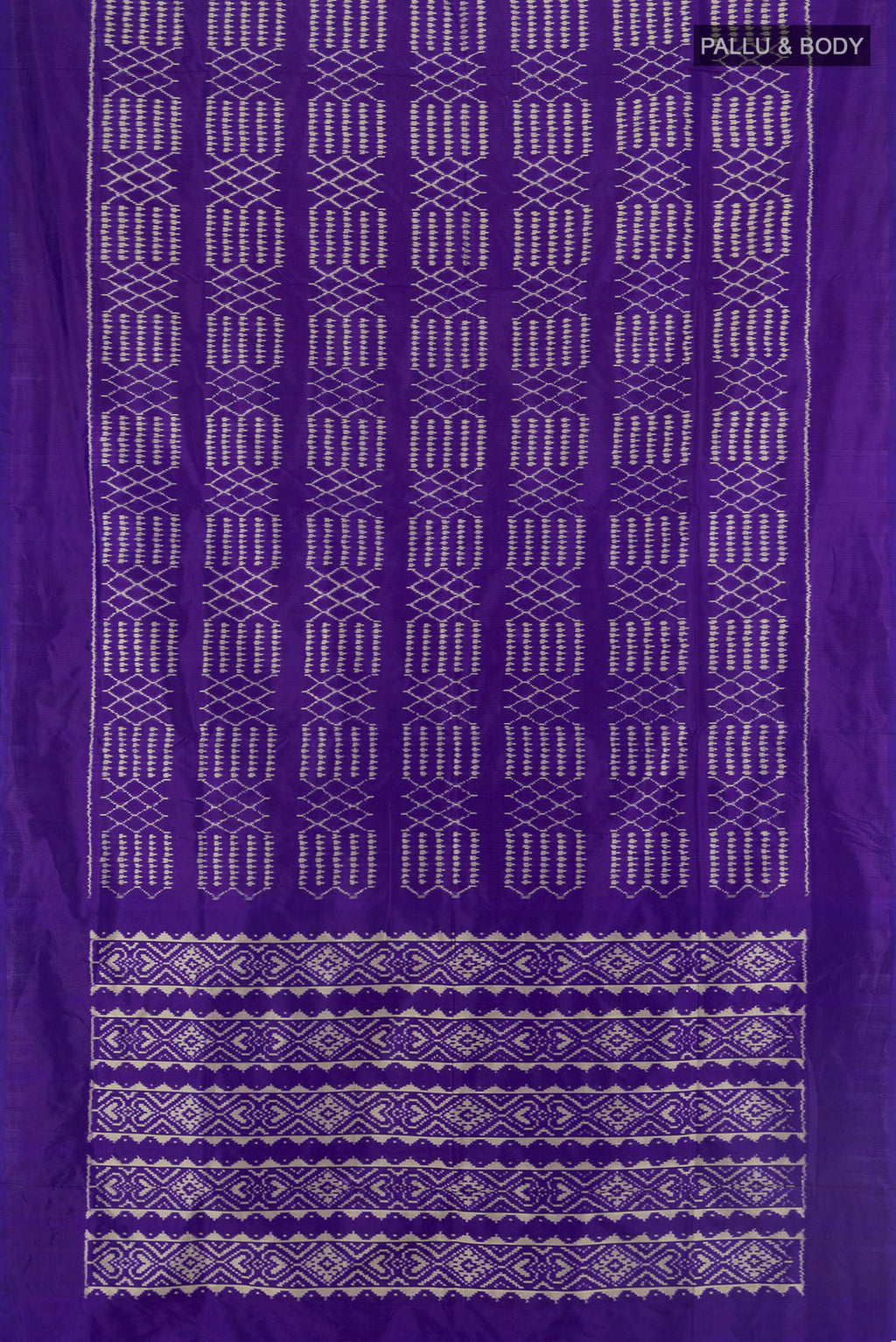 Flat view of Pure Silk Violet Pochampally Saree with Pure Ikat on the body and Plain Border. 