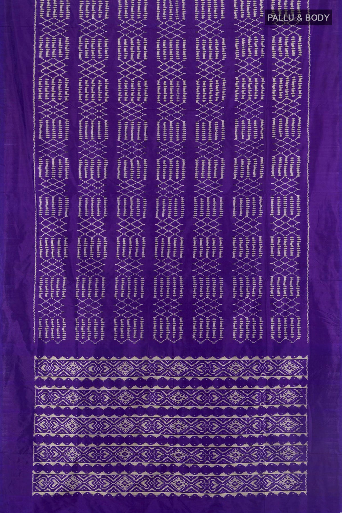 Flat view of Pure Silk Violet Pochampally Saree with Pure Ikat on the body and Plain Border. 