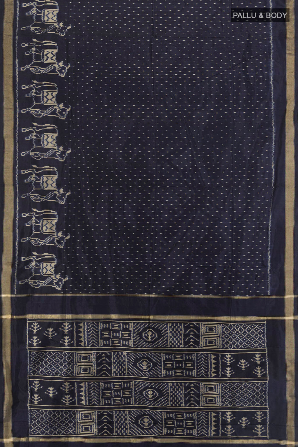 Flat view of Pure Silk Navy Blue Pochampally Saree with Pure Ikat on the body and Zari Border. 