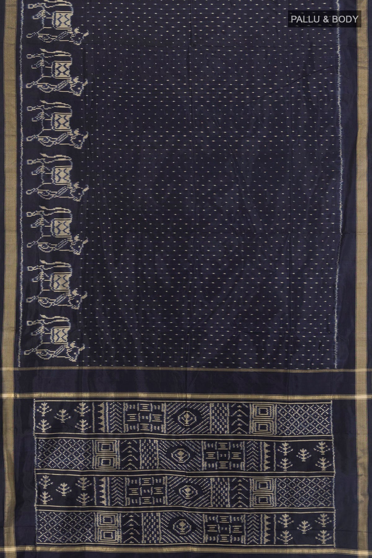 Flat view of Pure Silk Navy Blue Pochampally Saree with Pure Ikat on the body and Zari Border. 