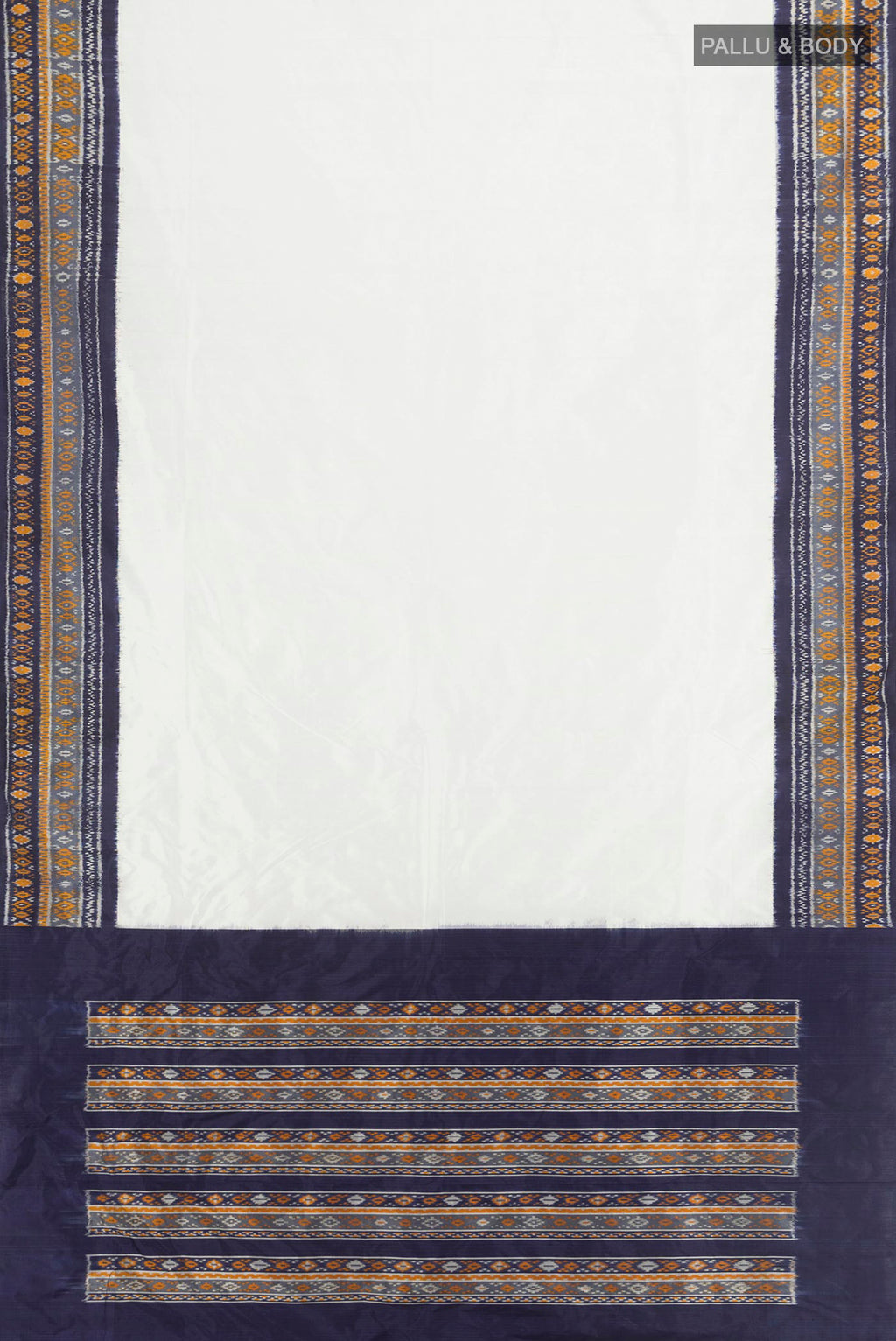 Flat view of Pure Silk Off White Pochampally Saree with Plain Body and Ikat Border. 