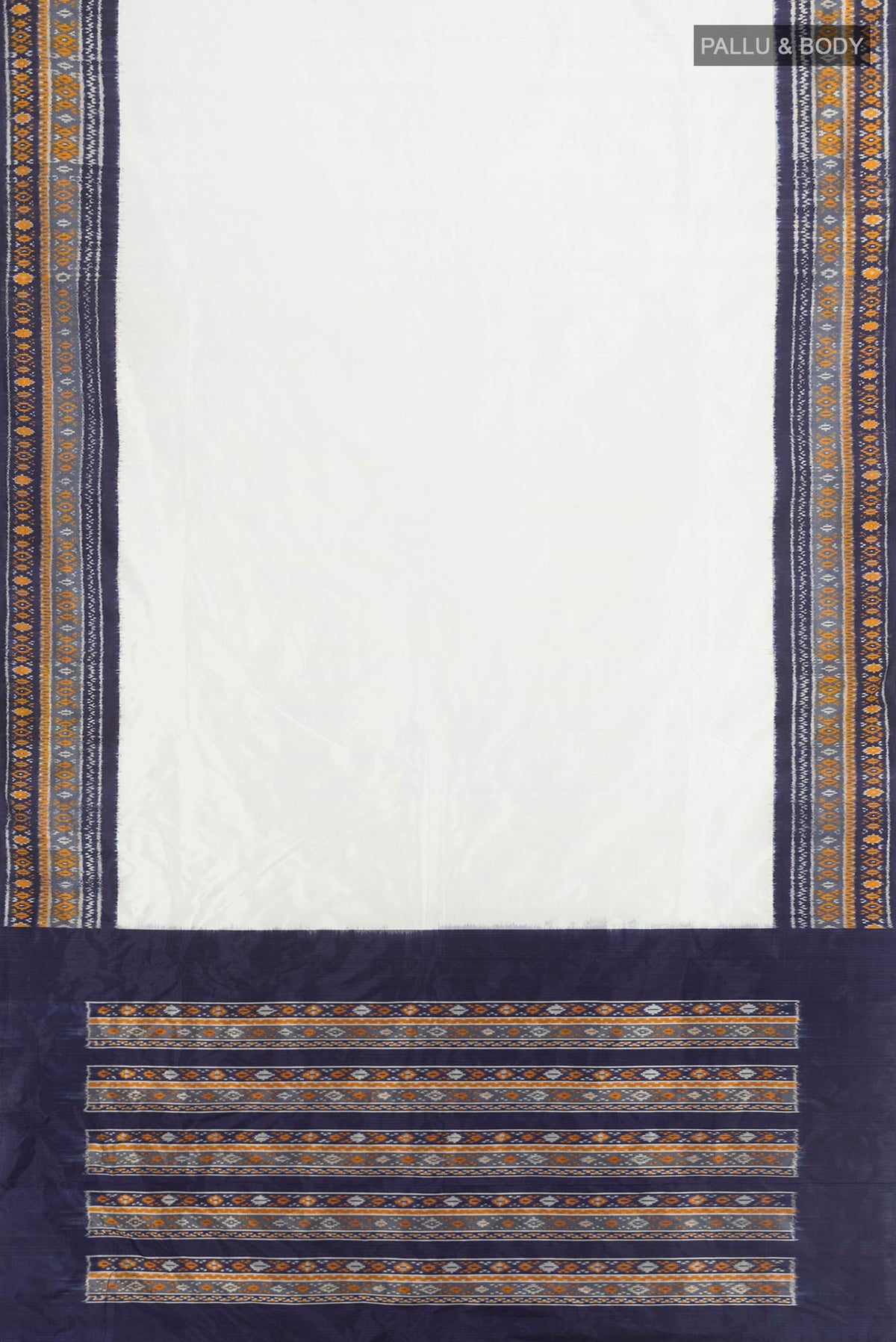 Flat view of Pure Silk Off White Pochampally Saree with Plain Body and Ikat Border. 