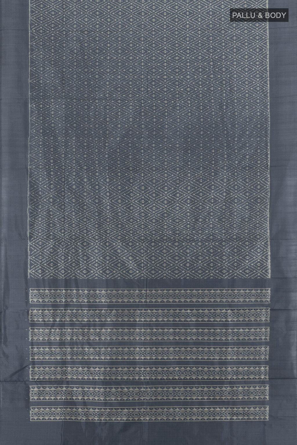 Flat view of Pure Silk Davys Grey Pochampally Saree with Ikat Print on the body and Silk Border. 