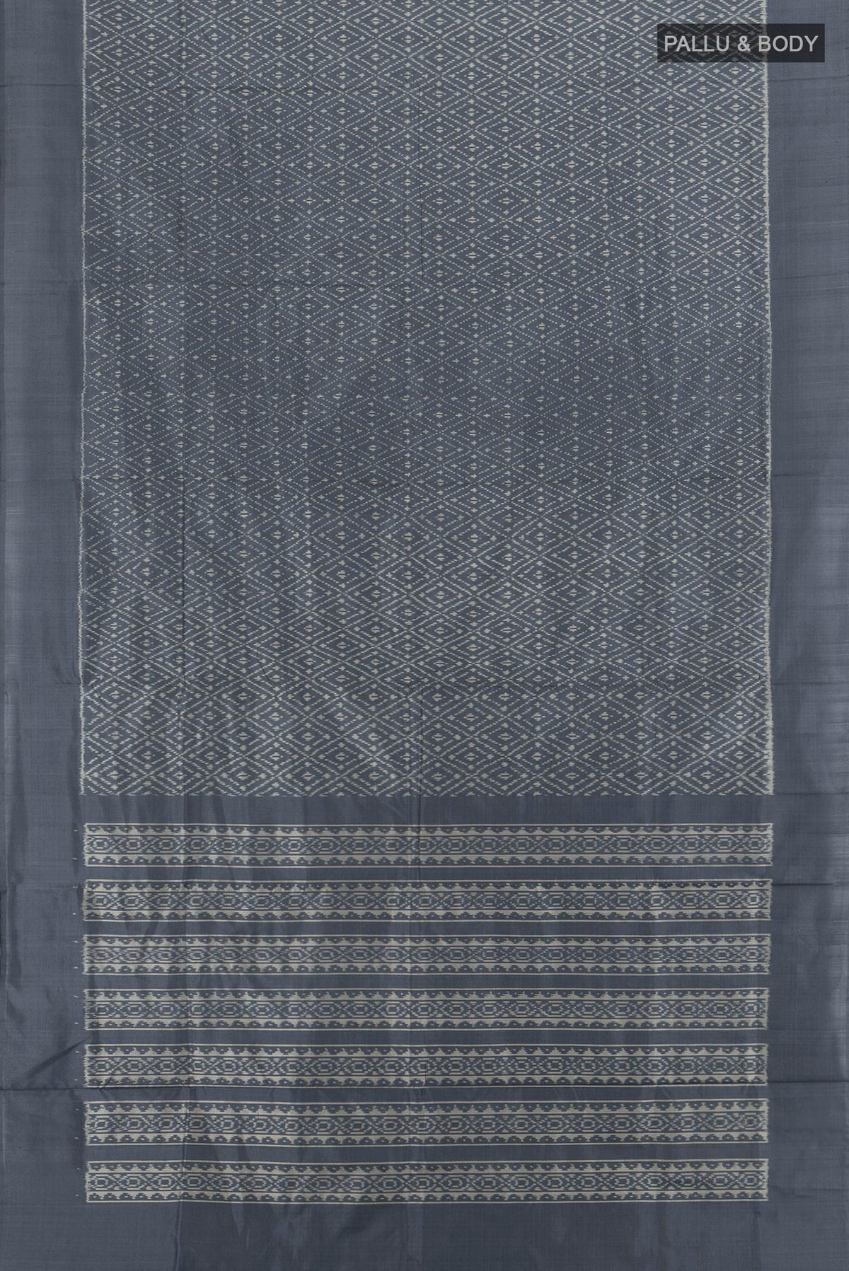 Flat view of Pure Silk Davys Grey Pochampally Saree with Ikat Print on the body and Silk Border. 