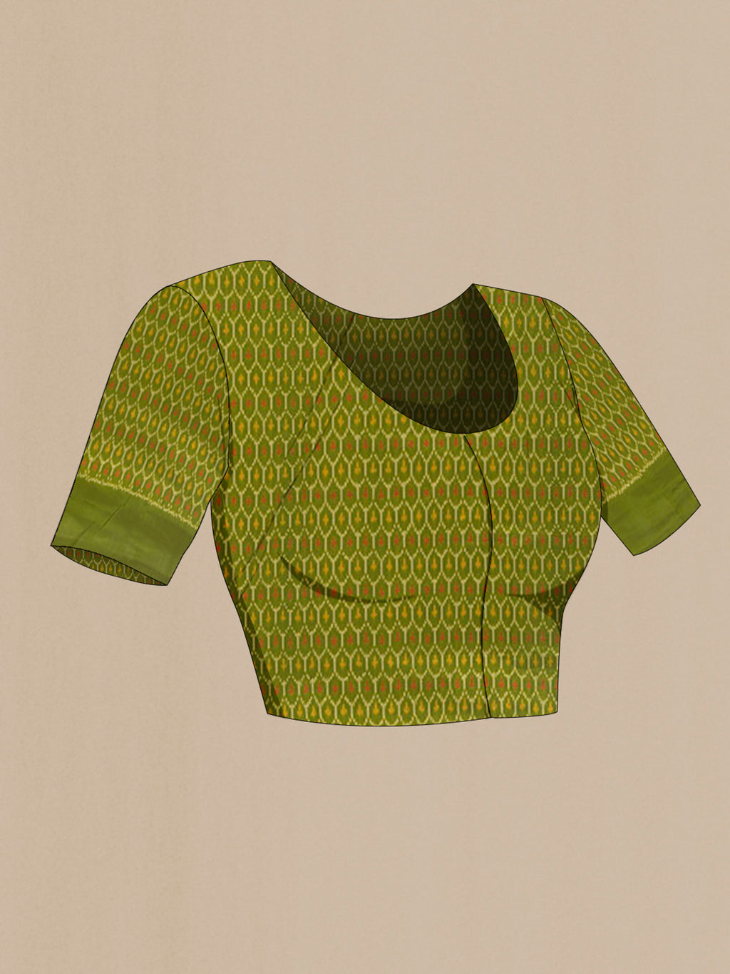 Close up image of the blouse of Pure Silk Green Pochampally Saree with Pure Ikat on the body and Plain Border. 