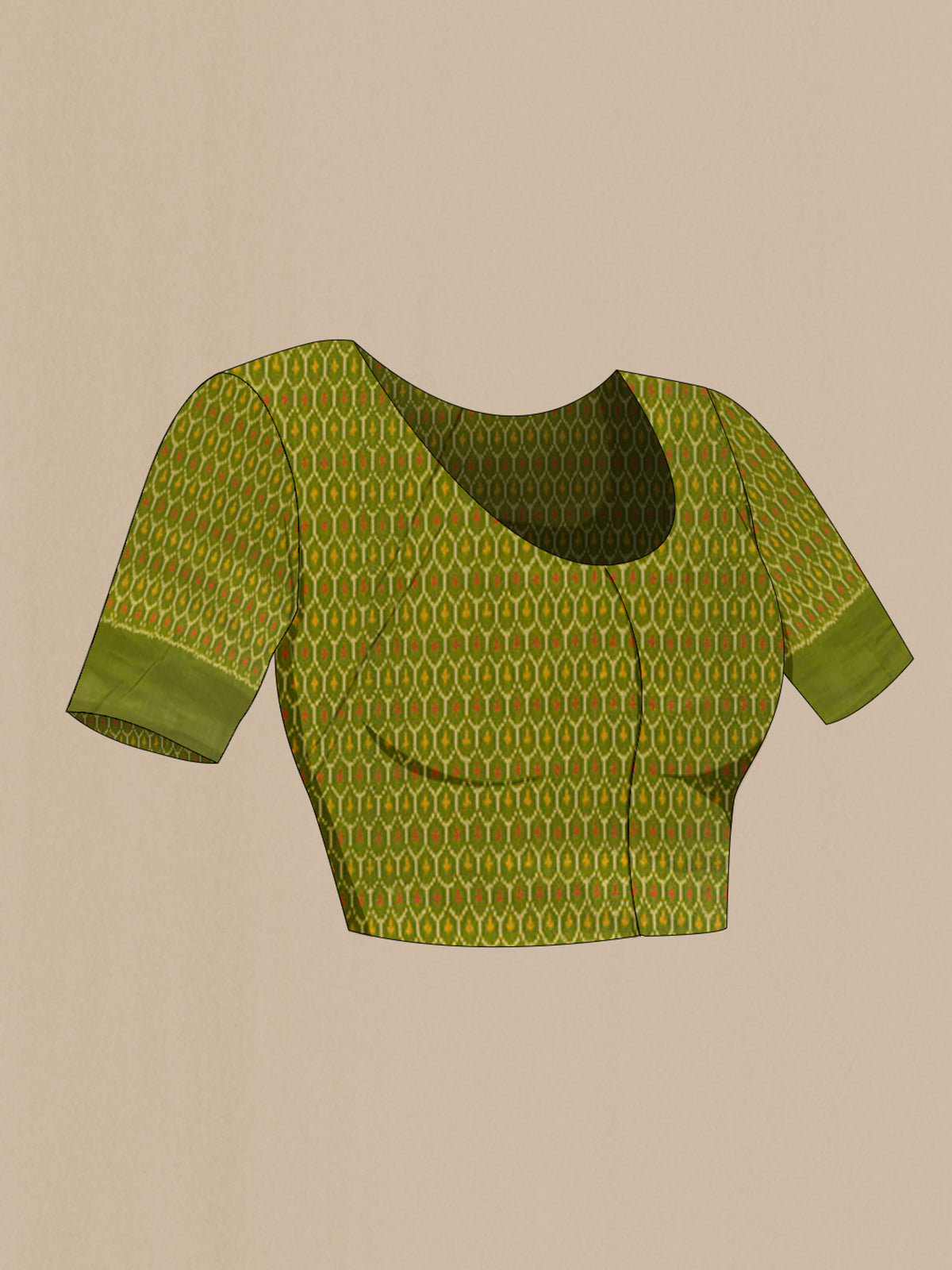 Close up image of the blouse of Pure Silk Green Pochampally Saree with Pure Ikat on the body and Plain Border. 